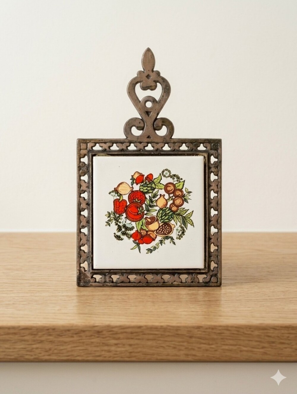 Vintage “Spice of Life” Style Metal & Ceramic Trivet – Fruit & Nut Design